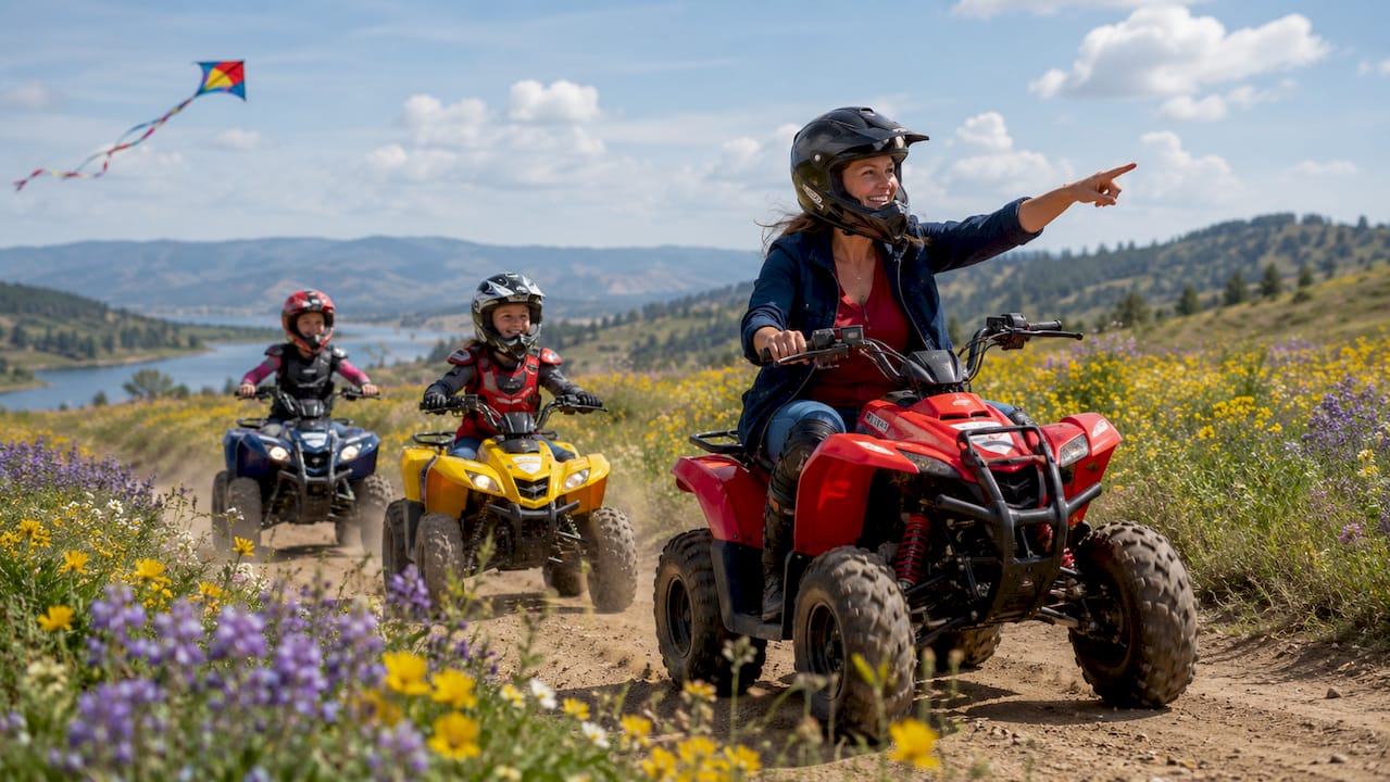 Mother and children riding ATVs in meadow