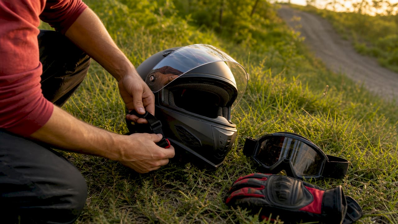 Close-up of helmet and gloves on workbench
