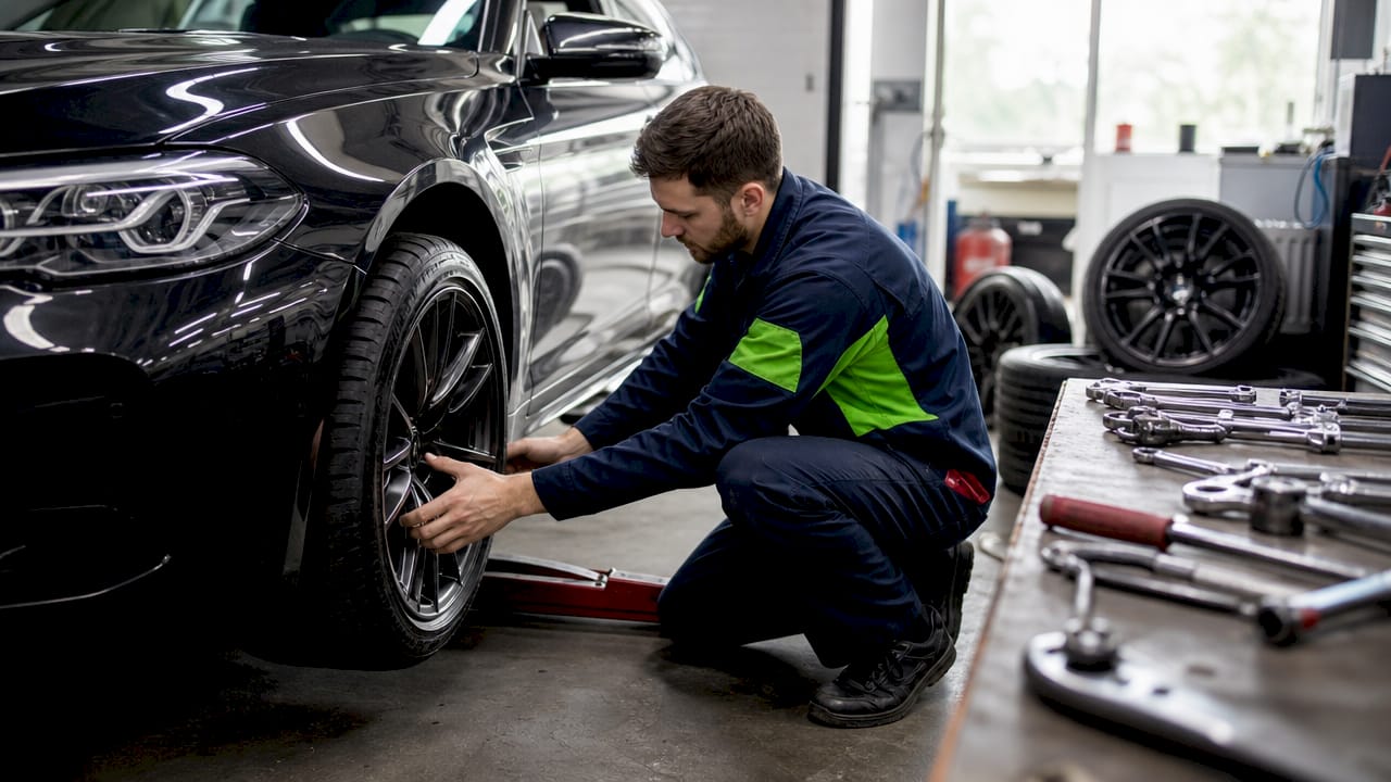 Mechanic checking tire pressure in workshop