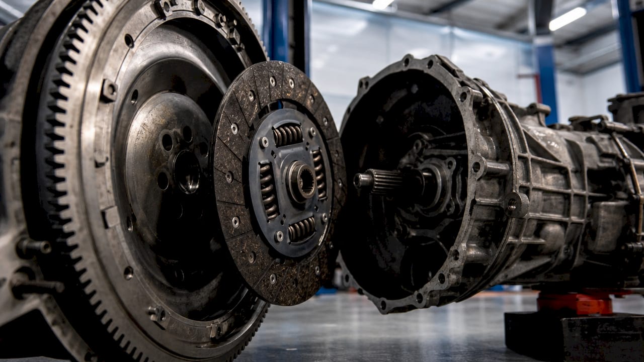 Close-up of clutch disc between flywheel and transmission shaft