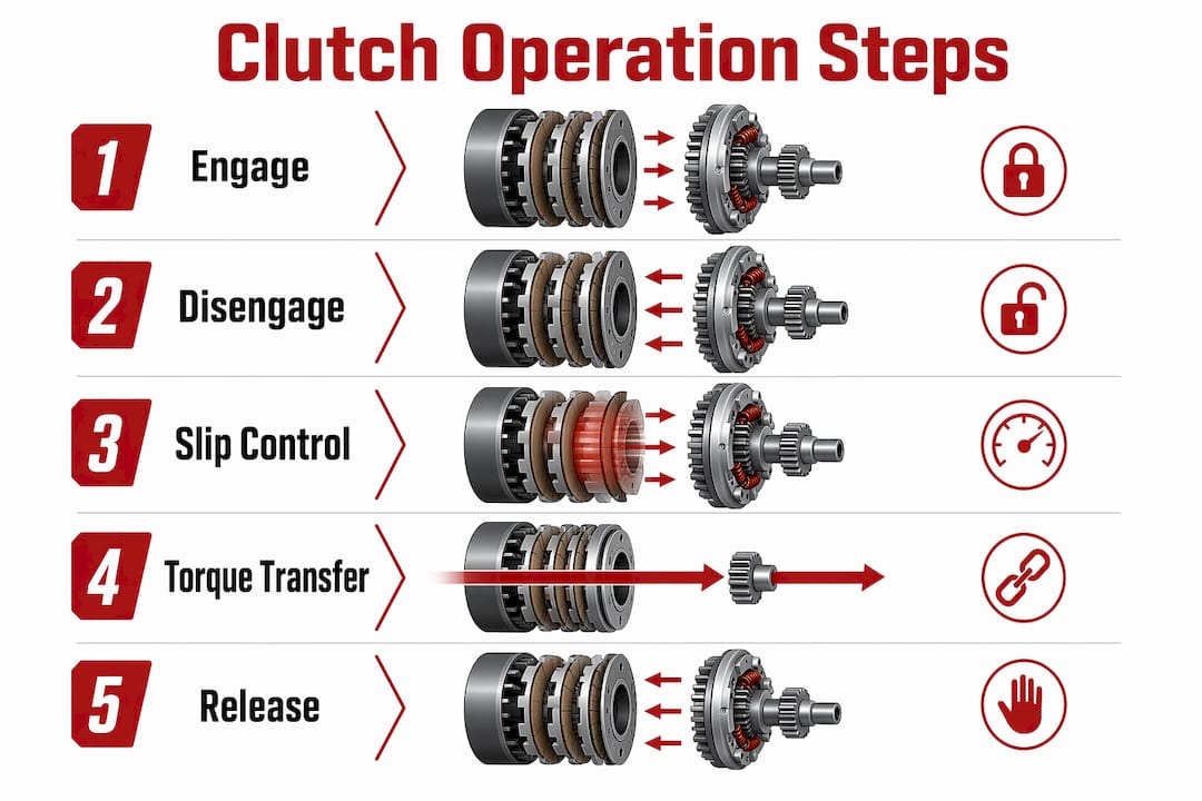 Infographic showing step-by-step clutch operation process