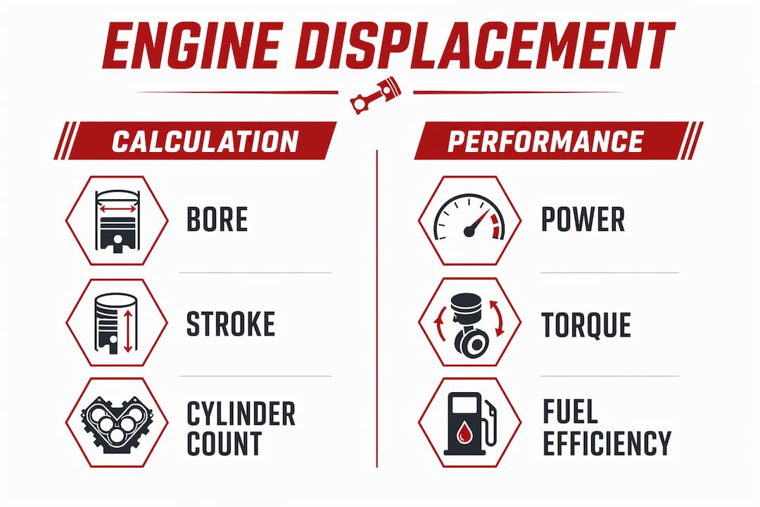 Infographic comparing engine displacement calculation and performance