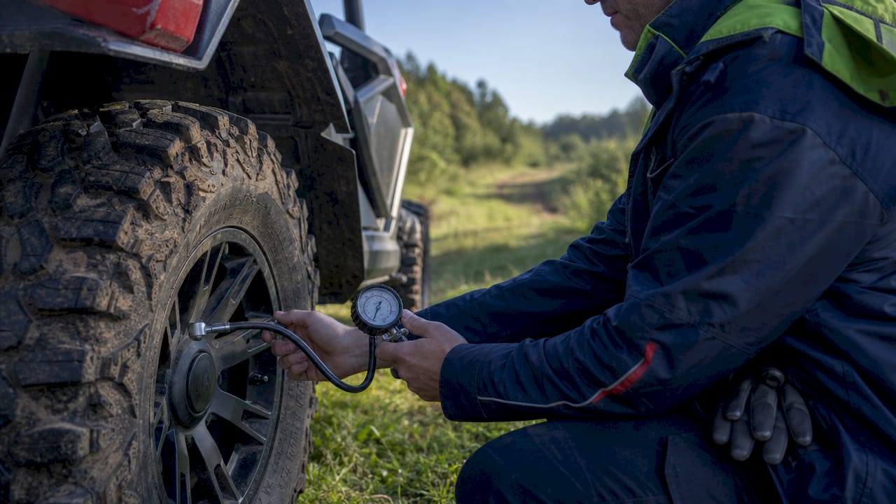 Close-up of tire pressure check on powersports tire