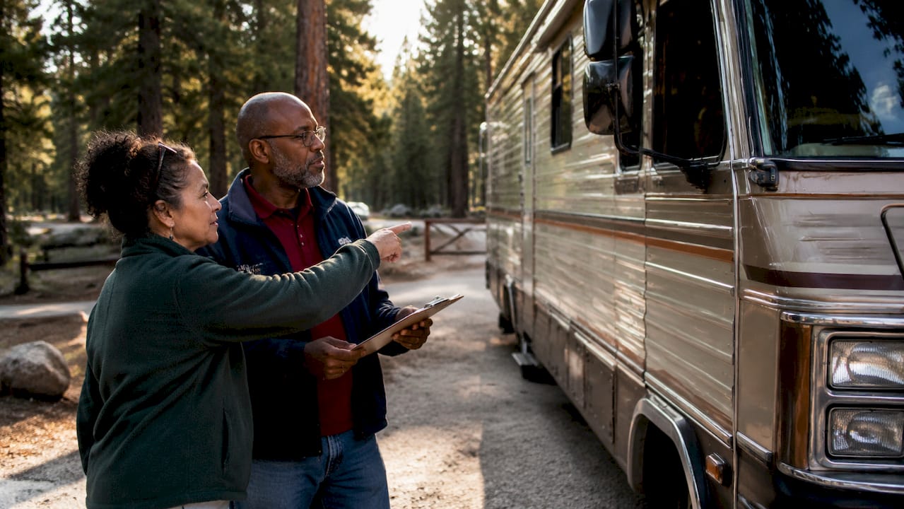 Couple inspecting older RV at campground entrance