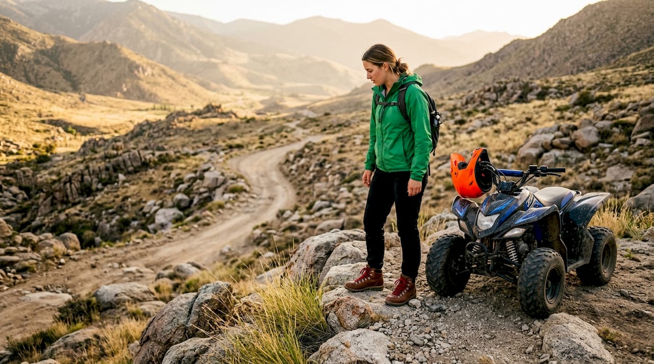 Woman inspecting terrain next to ATV for riding choice