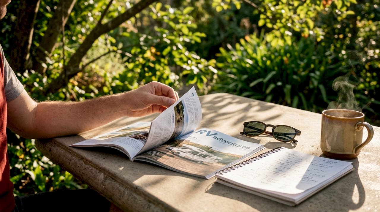 Hands viewing RV travel brochure on outdoor table
