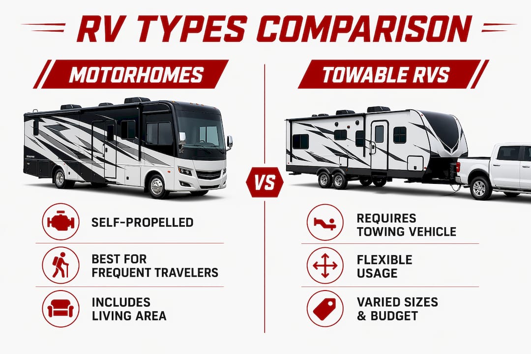 Infographic comparing motorhomes and towable RVs