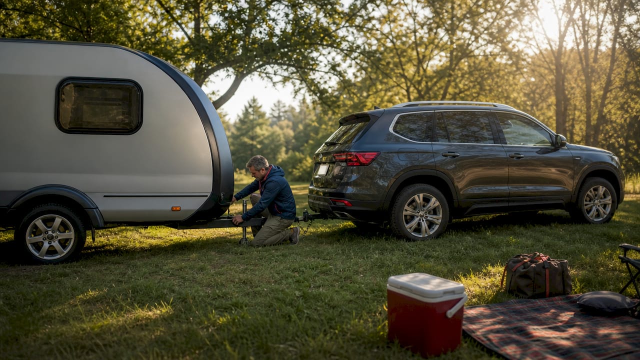 Person hitching travel trailer to SUV in driveway