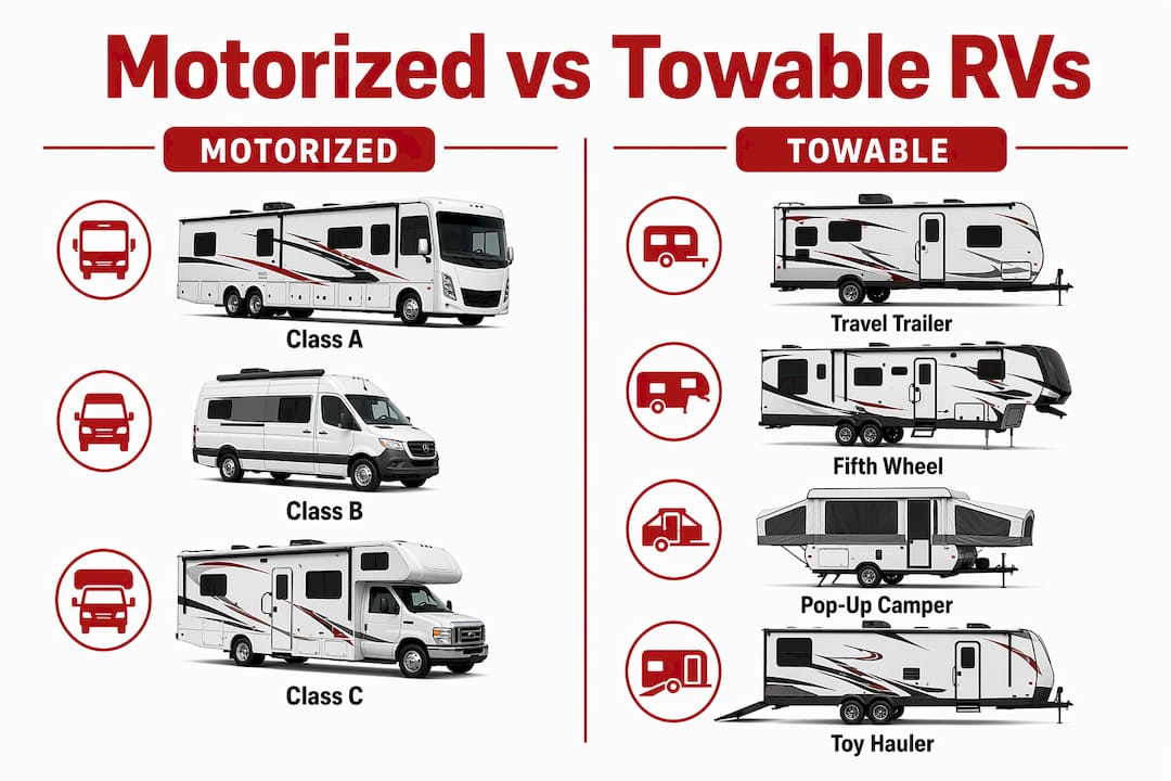 Infographic comparing motorized and towable recreational vehicle types