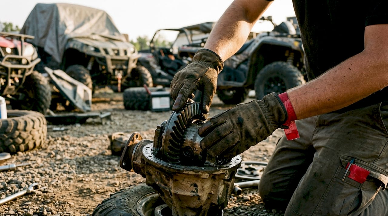Mechanic inspecting off-road vehicle wheel bearing