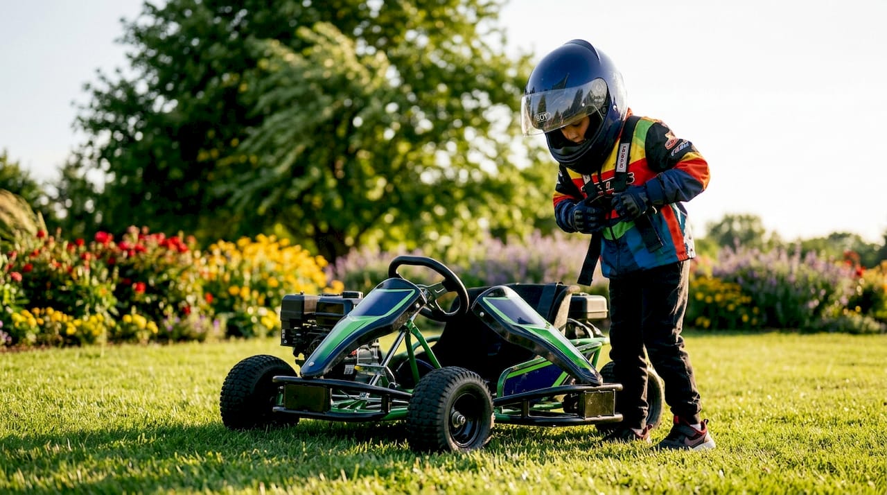 Child wearing complete go-kart protective gear