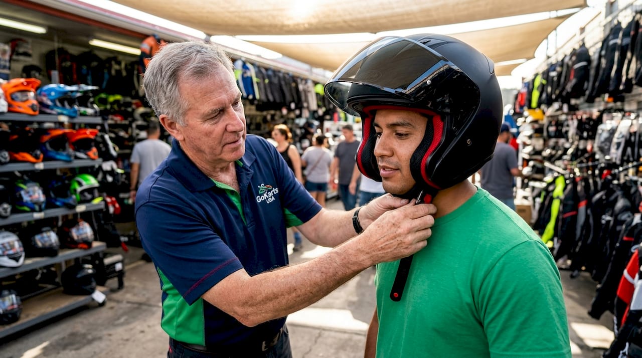 Close-up of hands fitting helmet on rider