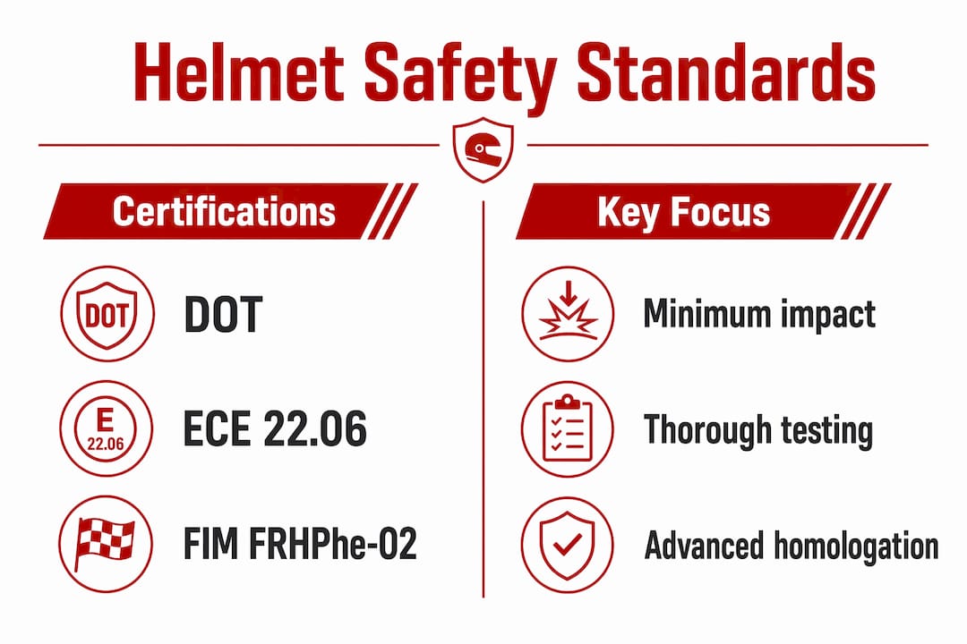 Infographic comparing helmet safety standards and focuses