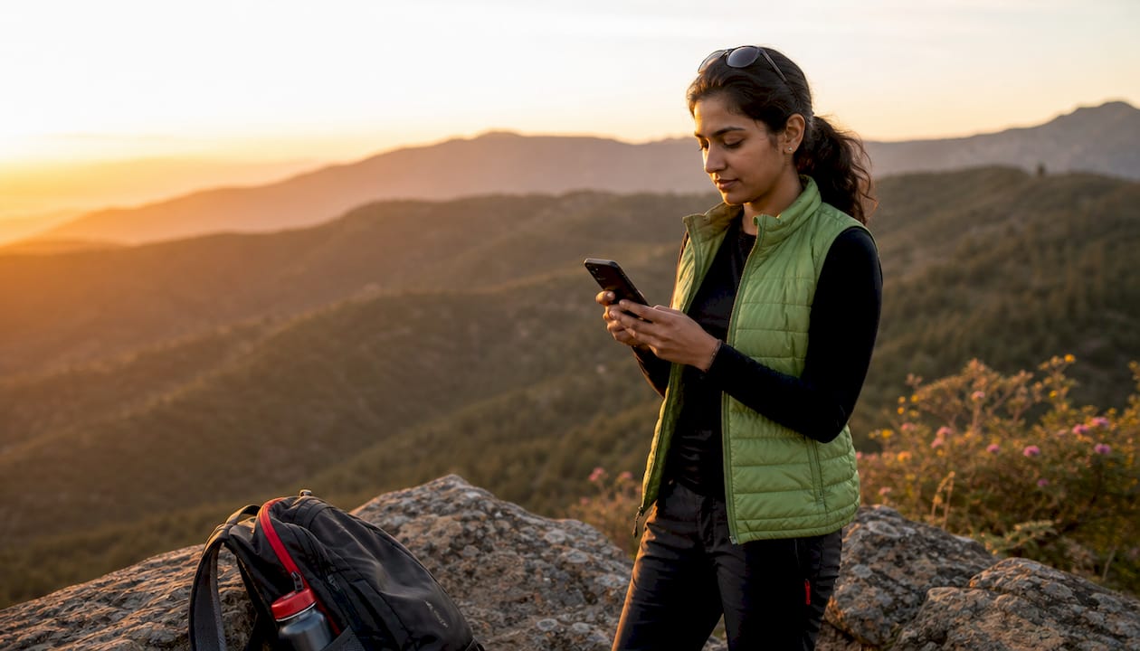 Woman checking smartphone on hike resting on rock