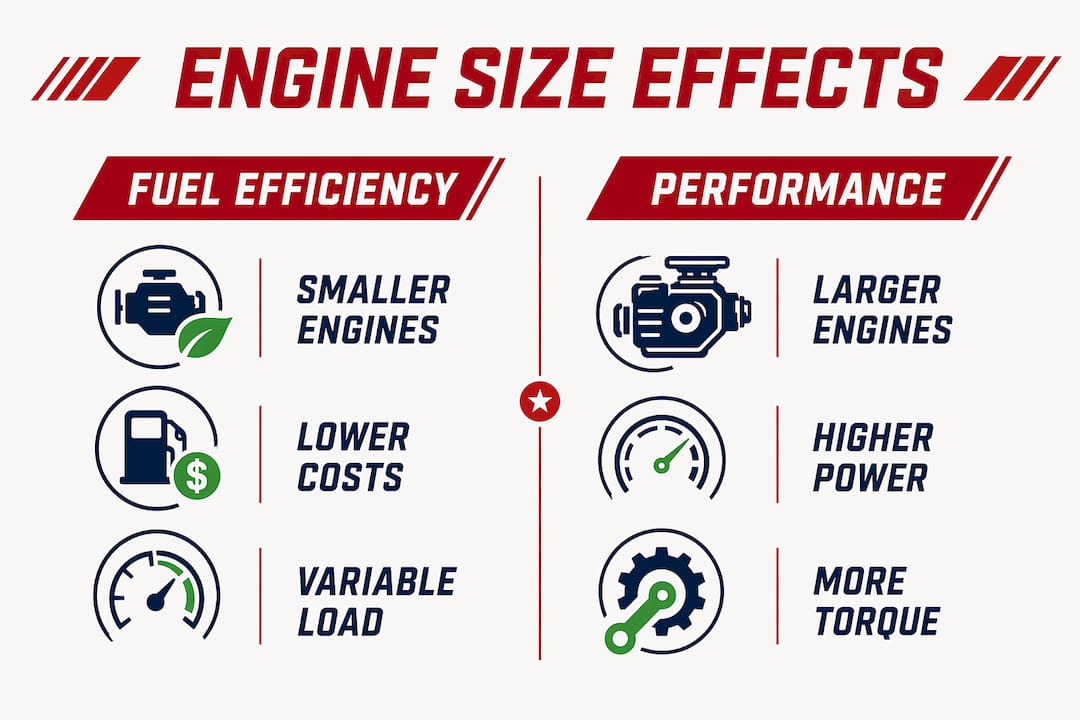 Infographic comparing fuel efficiency and performance by engine size