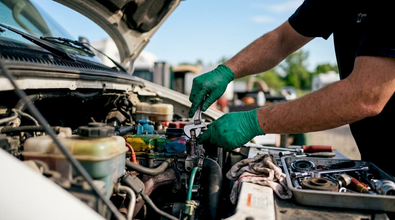 Hands performing RV engine maintenance