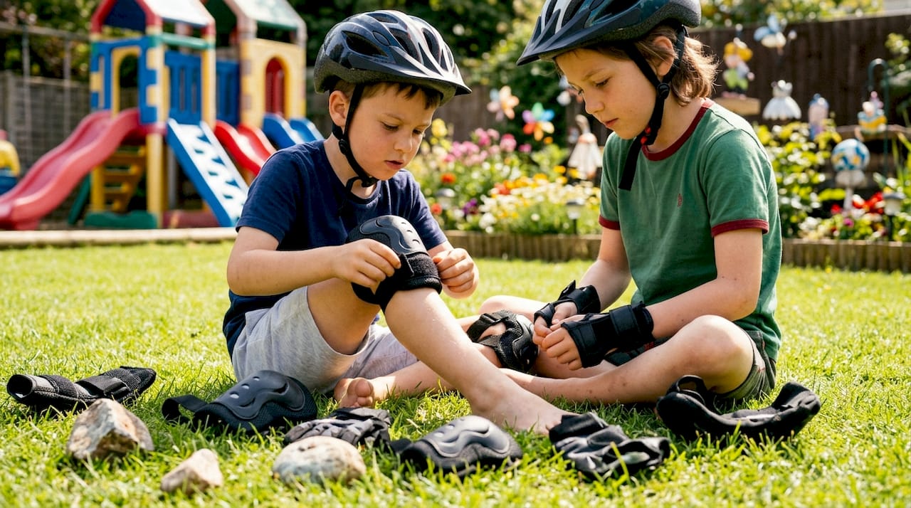 Children putting on protective pads and gloves
