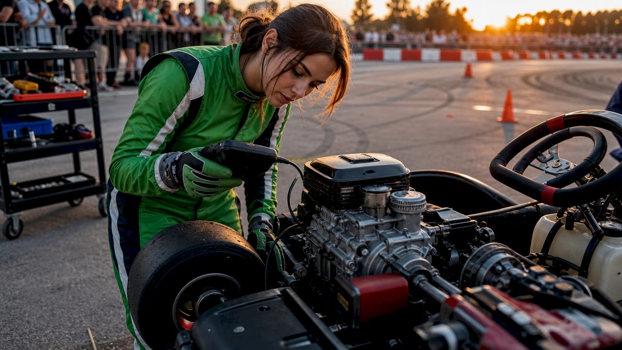 Woman testing engine performance at dirt track