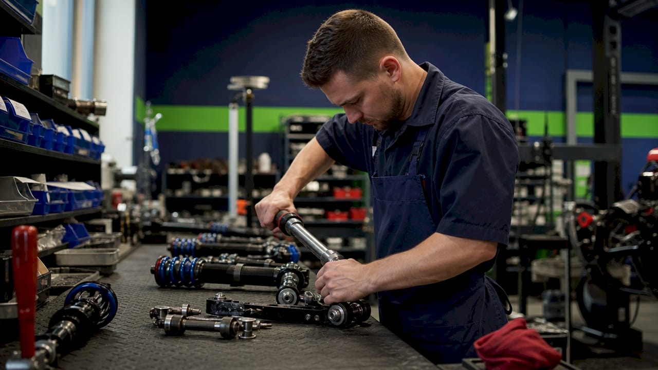 Technician assembling suspension components at workbench