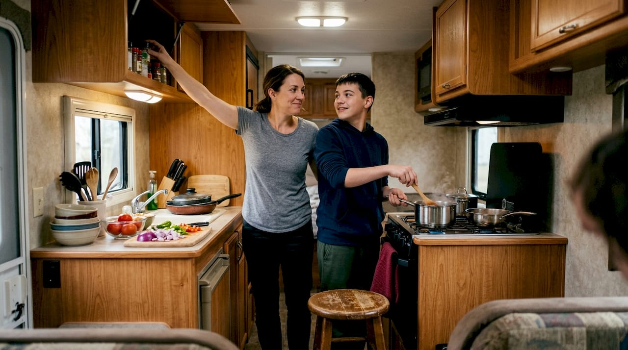 Father and daughter cooking inside RV kitchen