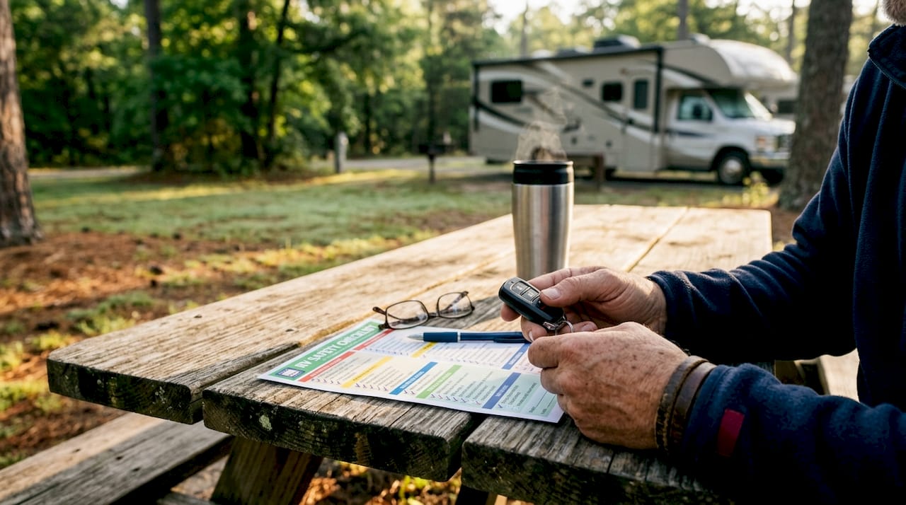 RV safety checklist and hands with key fob on table