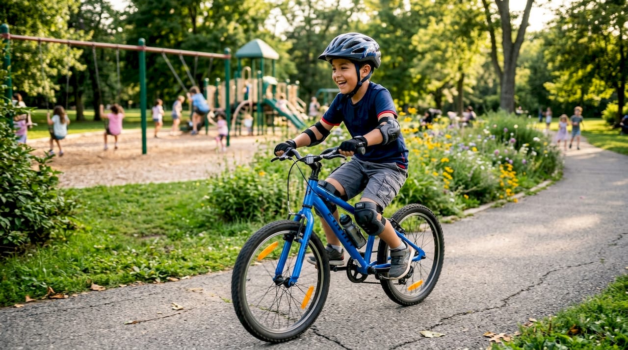 Boy cycling with full protective gear outdoors