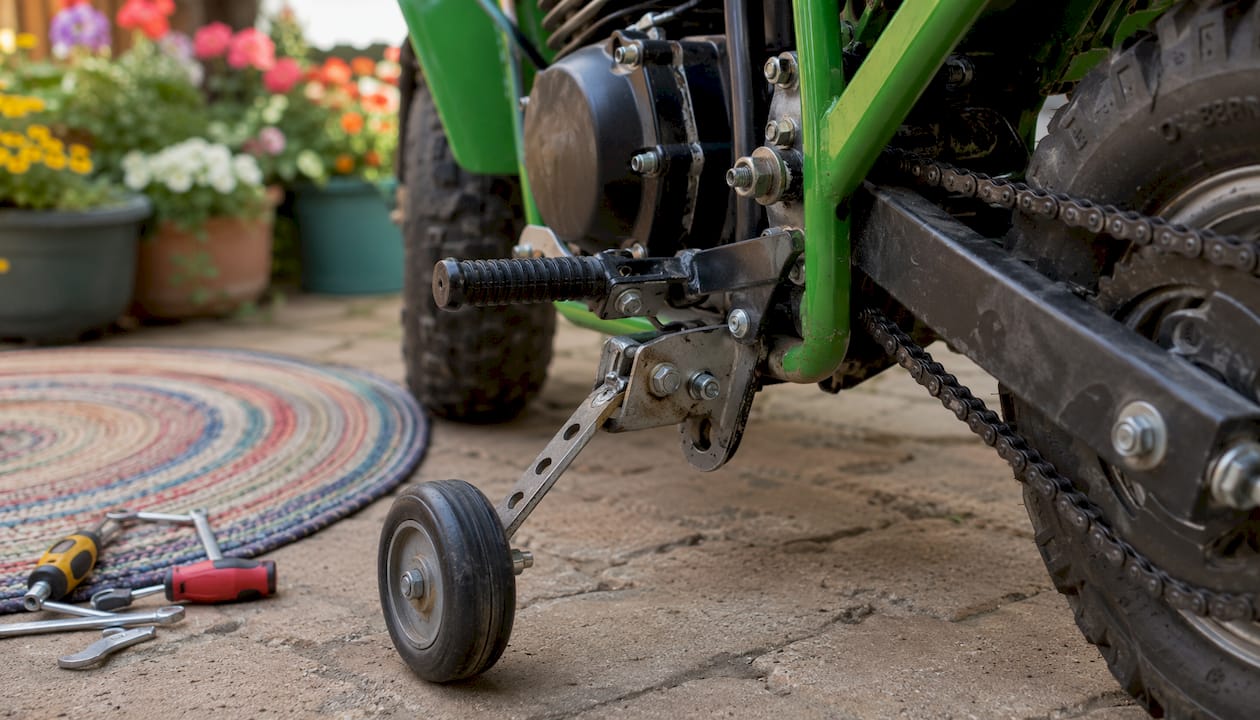Close-up of mid-mount training wheel on minibike