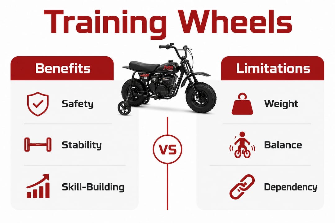 Infographic comparing benefits and limitations of training wheels