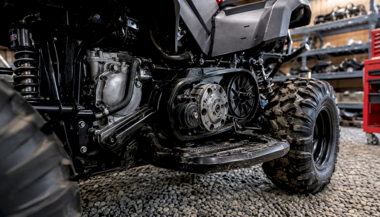 Close-up of commercial ATV engine and drivetrain