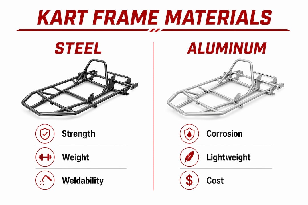 Infographic comparing steel and aluminum kart frames