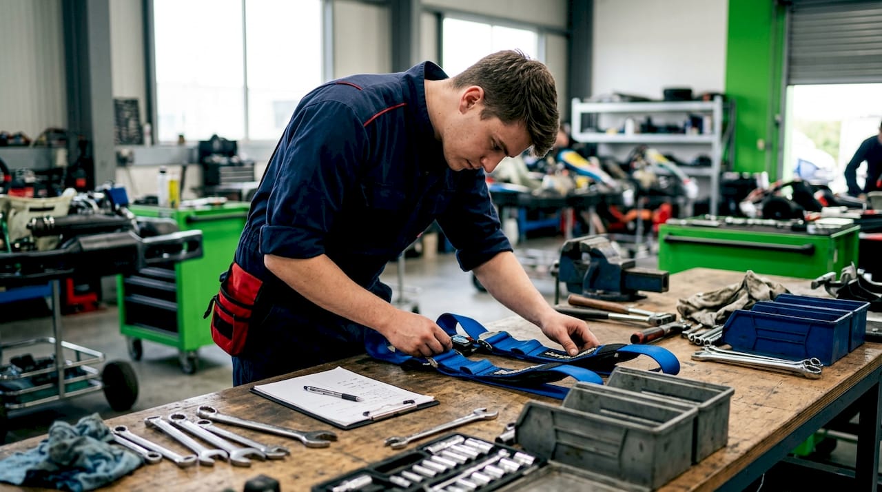 Mechanic inspecting youth kart harness condition indoors