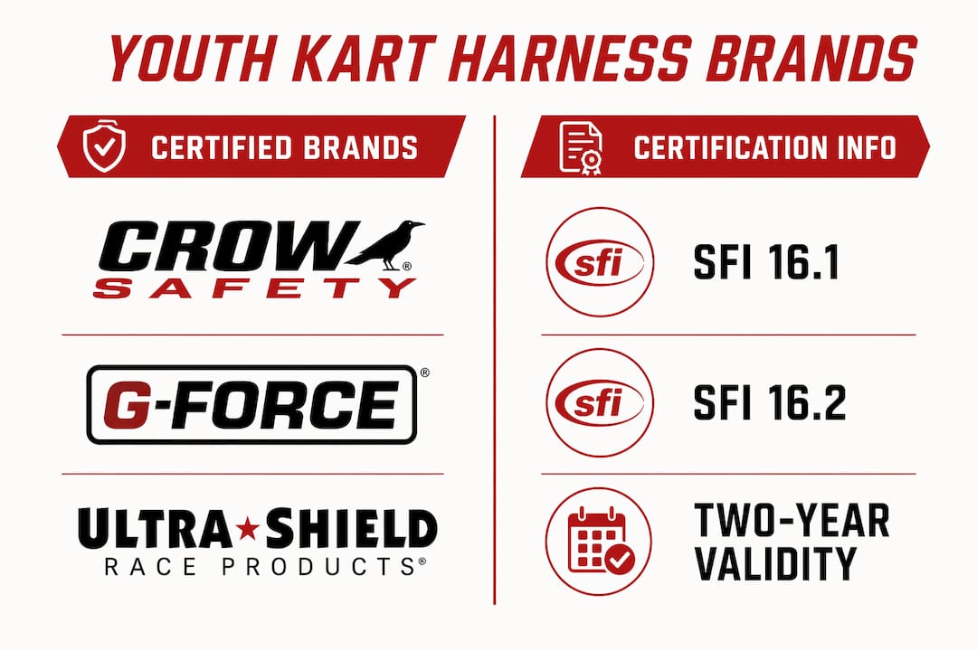 Infographic comparing certified youth kart harness brands and certifications