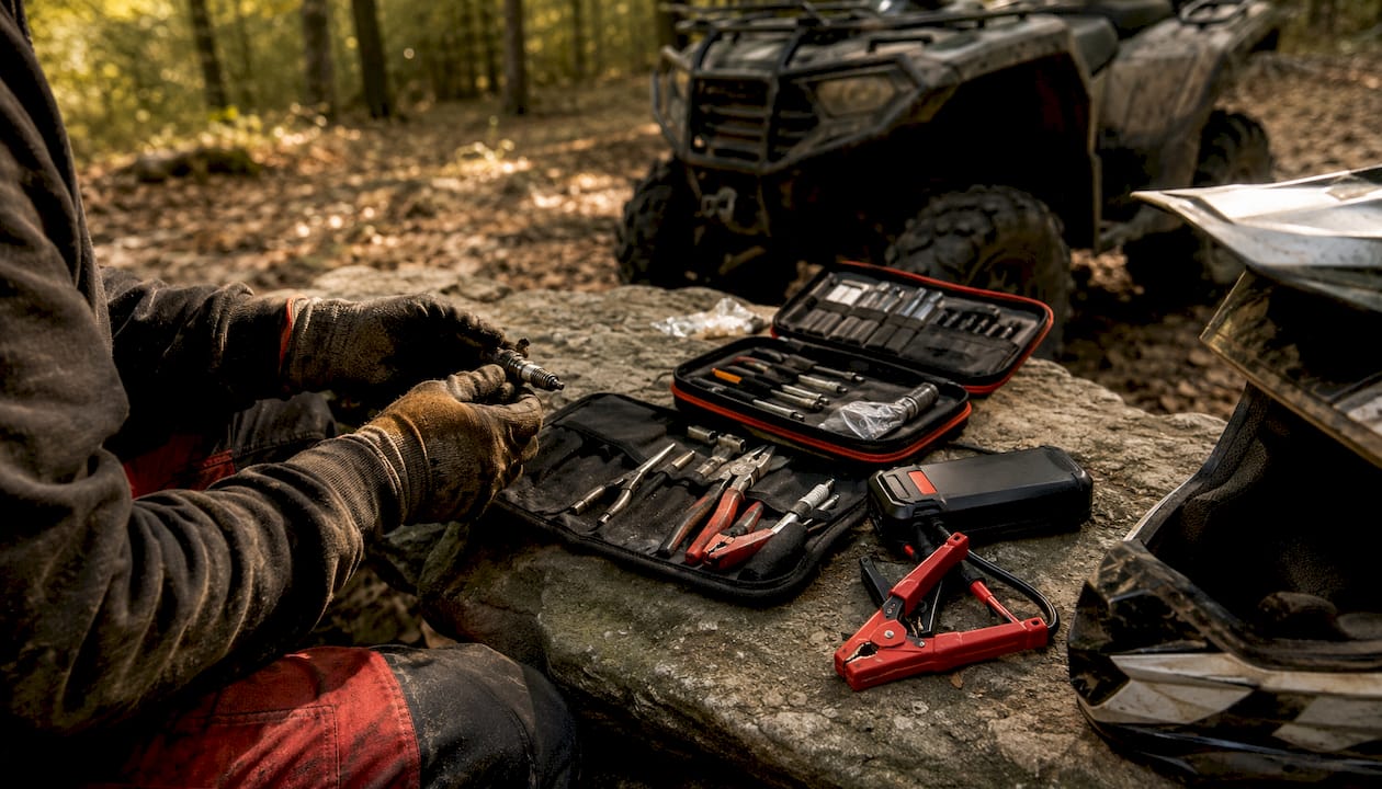 Overhead of ATV camping repair tools on table
