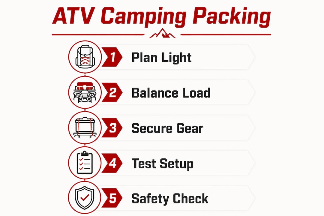 Infographic showing 5 key steps for ATV camping packing