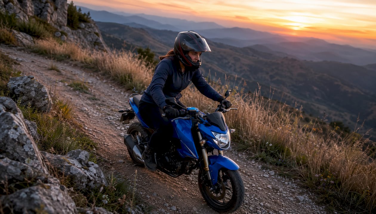 Adult woman riding mini sport bike on forest trail