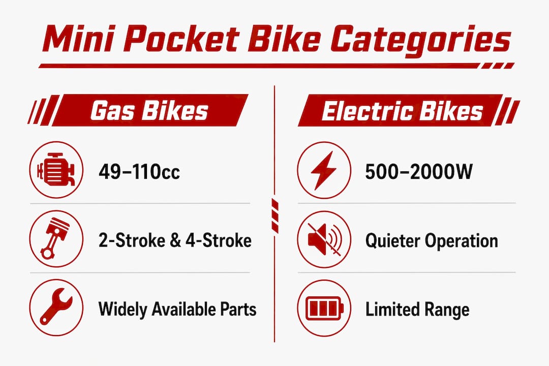 Infographic comparing gas and electric mini pocket bike categories