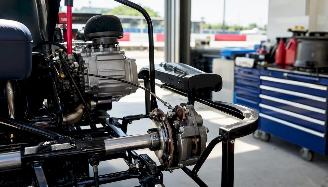 Close-up of go-kart brake and motor components