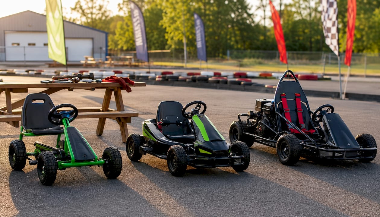 Overhead view of three kids go-kart types in garage