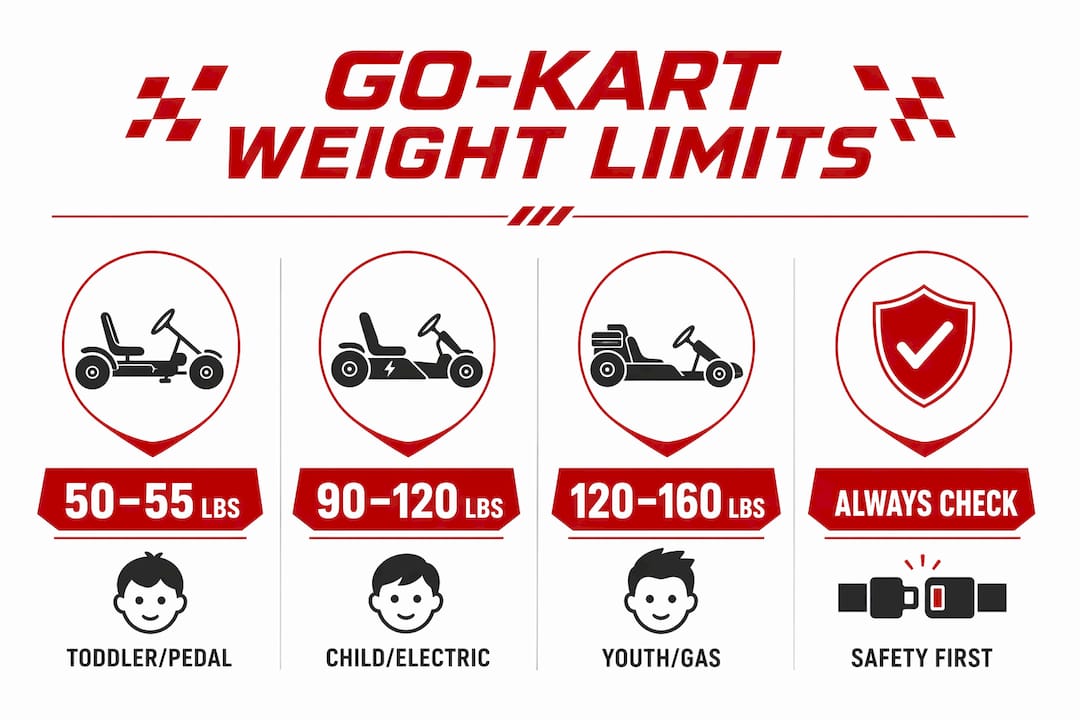 Infographic summarizing kids go-kart weight categories