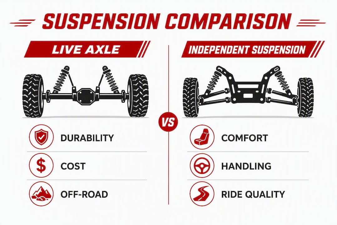 Infographic comparing live axle and independent suspension