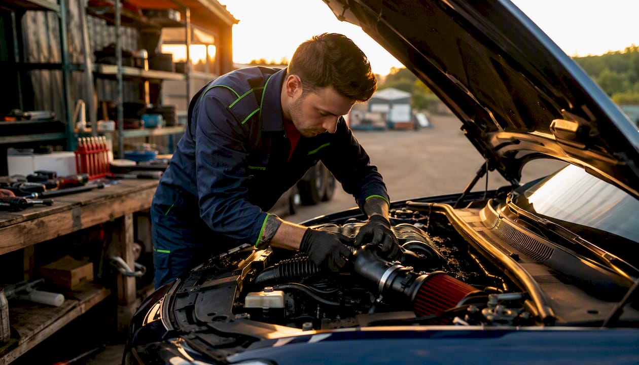 Mechanic installing cold air intake under car hood