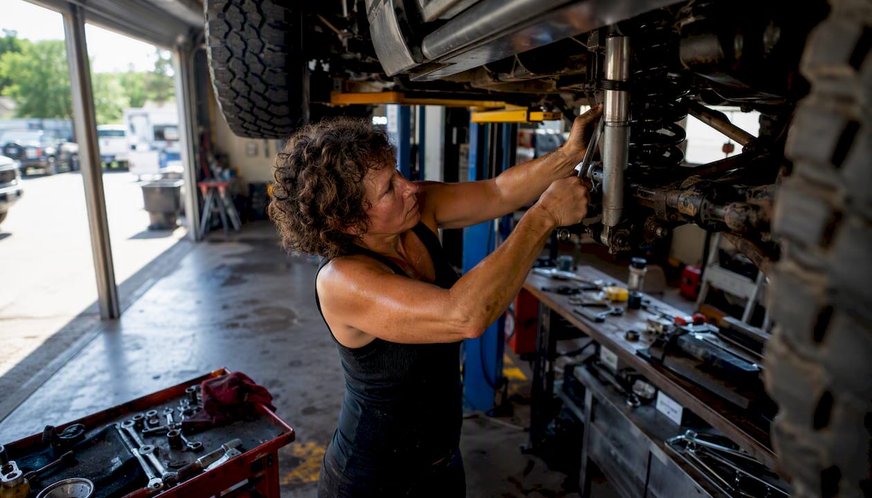 Technician installing heavy-duty suspension on SUV outdoors