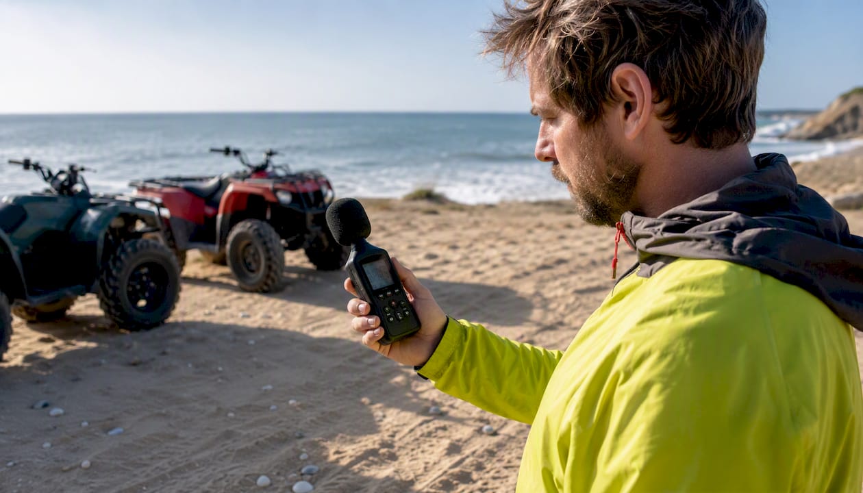 Sound meter measuring ATV noise levels outdoors
