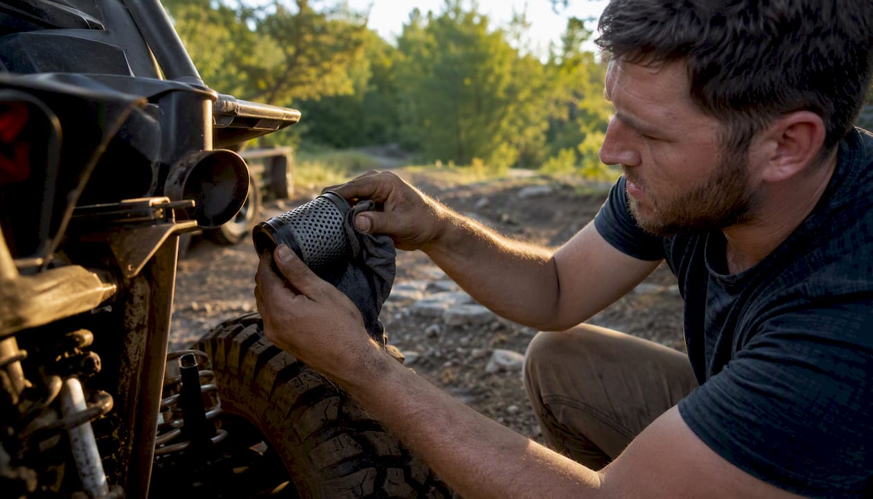 Hands cleaning spark arrestor on vehicle