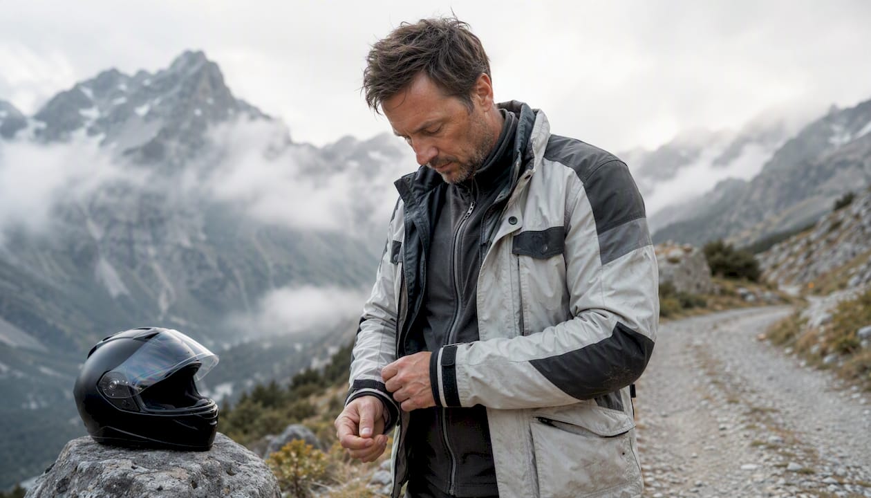 Hands layering protective rain and cold weather gear