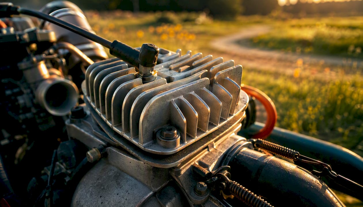 Close-up of fins on air-cooled go-kart engine