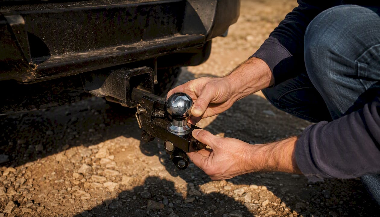 Hands adjusting trailer hitch ball