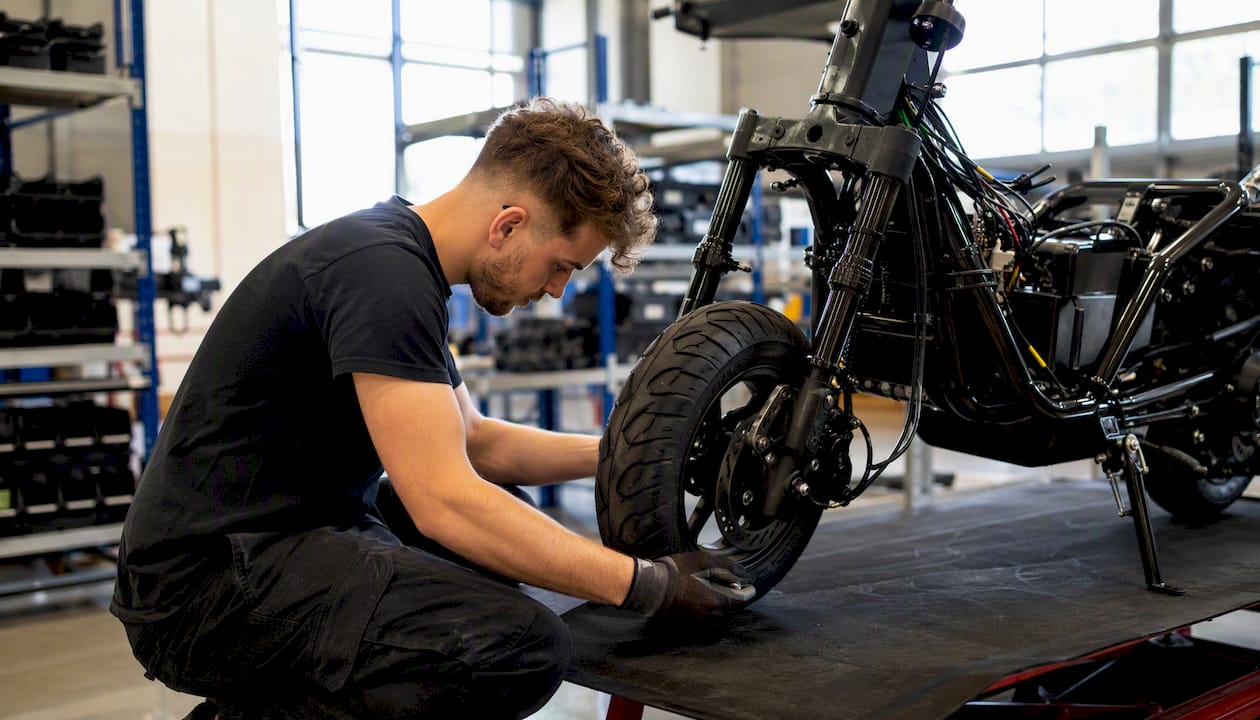 Technician assembling scooter at dealer workshop