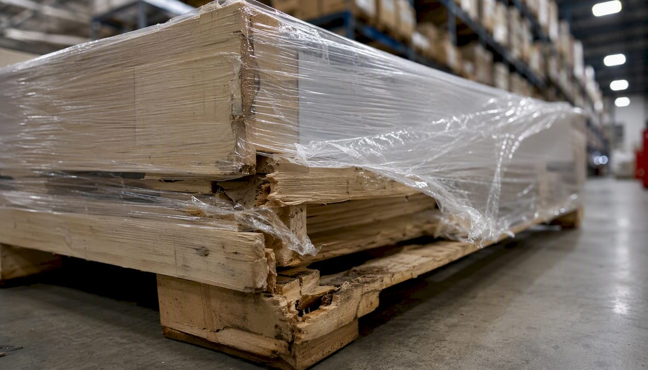 Close-up of visible freight damage on pallet