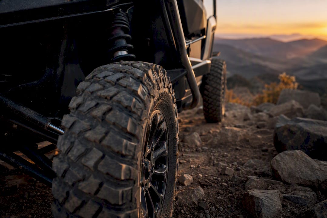 Close-up of off-road UTV tires and roll cage